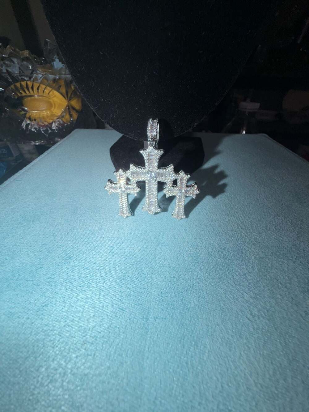 Thermal infused 14k white gold over brass ice cz triple cross